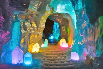 Illuminated ice cave with colorful formations and glowing crystals, a magical winter wonderland.