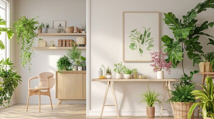 Bright and airy indoor garden with various plants, natural decor, and a cozy atmosphere