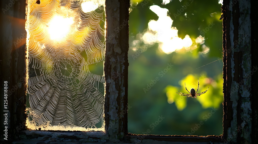 Poster golden sunlight shining through a window onto a spider web with a spider nearby creating a serene at