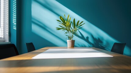 Brightly lit modern office space featuring a potted plant on a wooden table with blue walls