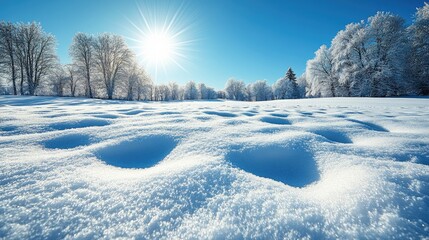 Bright winter landscape featuring snow-covered ground and frosted trees under a clear blue sky