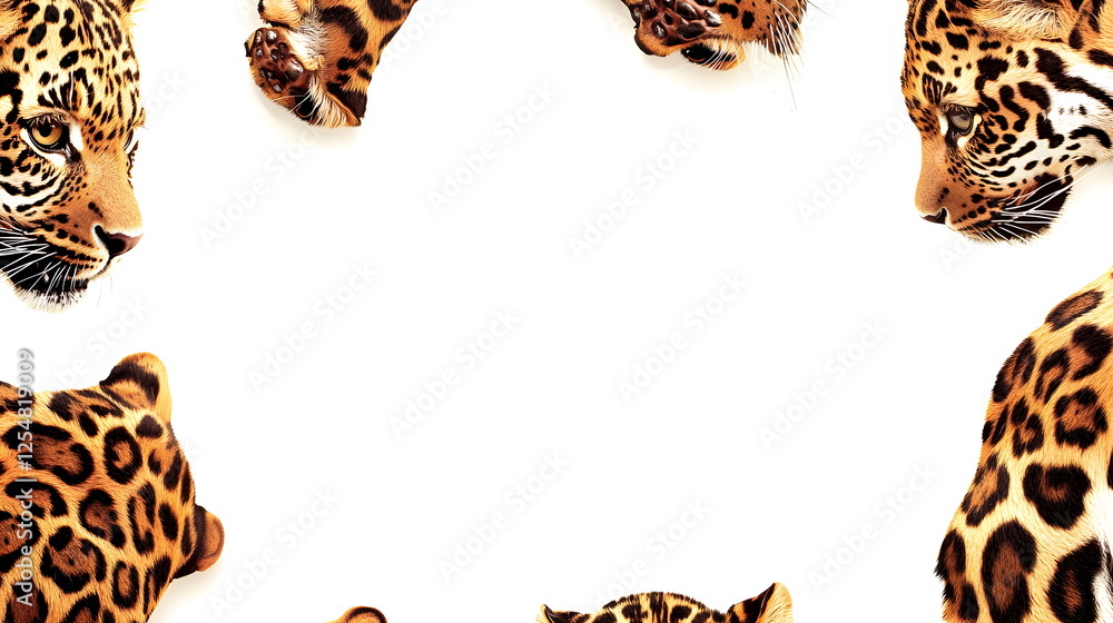 Poster leopards with distinctive spots arranged in a symmetrical pattern on a white background.