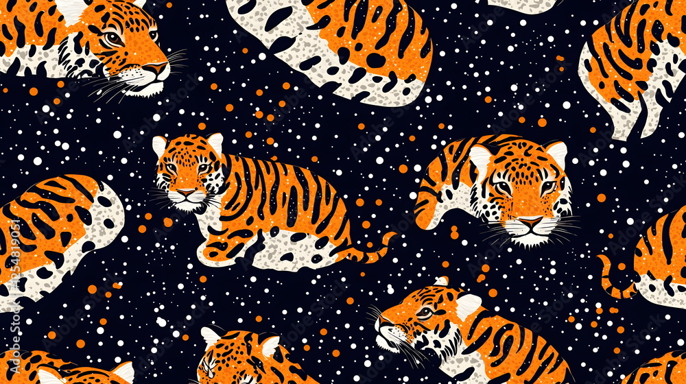 Aufkleber vibrant pattern featuring multiple tigers lounging against a deep navy backdrop with abstract white 
