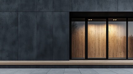 Modern Minimalist Store Front: A contemporary storefront with a sleek black facade and large glass windows, inviting passersby with a minimalist design aesthetic.