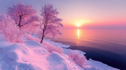 Serene winter sunrise over a frozen lake with frosted trees and soft pastel colors in the sky