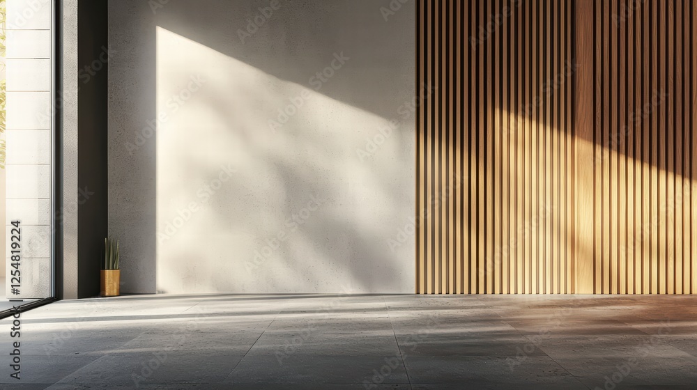 Poster minimalist interior design: sunlight streams through a large window, illuminating a contemporary int
