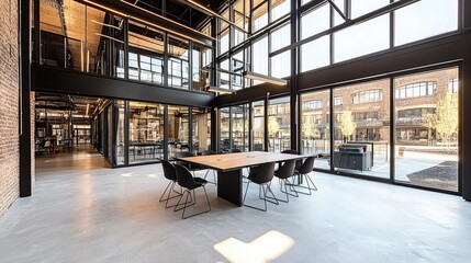 Modern office interior featuring a large meeting table with chairs and expansive windows showcasing a vibrant urban landscape