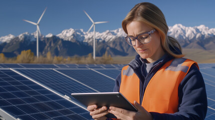 Innovative Engineer at Clean Energy Research Center Analyzing Data Outdoors with Solar Panels and Wind Turbines in Background