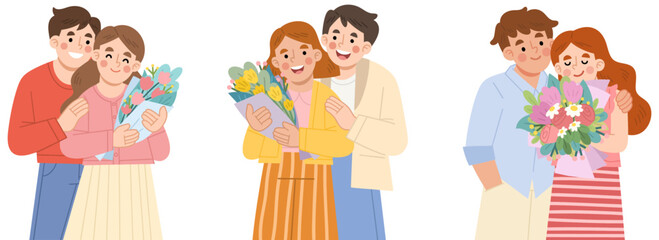 Illustration set of couple holding a bouquet of flowers
