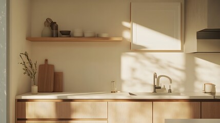 Fototapeta premium A light and airy Japandi kitchen with clean lines, wooden elements, and a white frame above the counter.