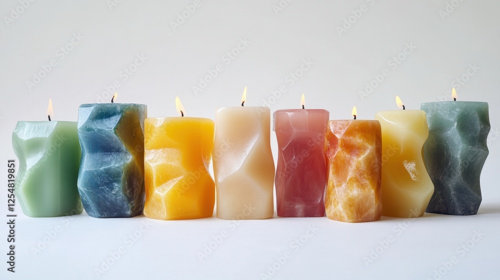 Poster colorful decorative candles arranged in a modern style on a minimalist background creating a tranqui