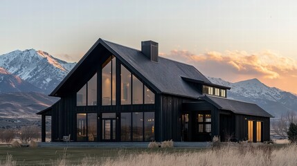 Obraz premium Modern Black Cabin in Mountain Landscape: A sleek modern cabin with black exterior and expansive windows, set against a breathtaking backdrop of snow-capped mountains and a vibrant sunset sky.