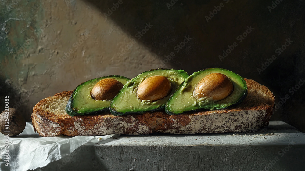 Poster fresh avocado slices on toasted bread presented in a rustic setting