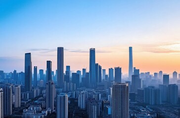 Stunning Cityscape at Dusk with Towering Skyscrapers and Soft Blue Sky