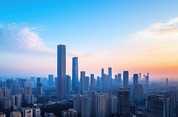Aerial View of Modern Skyscrapers Against a Stunning Sunset with Blue and Orange Gradients
