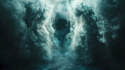 Into the Storm's Embrace: A breathtaking and ominous vista of dark, swirling storm clouds parting to reveal an ominous, shadowy passageway, creating a dramatic and powerful backdrop.  