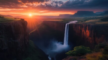 Fototapeta premium Sunset over canyon waterfall, dramatic sky, nature landscape, travel