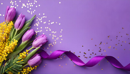 Fototapeta premium Vibrant Floral Celebration for International Women's Day: Purple Tulips, Lilac Ribbon, and Mimosa