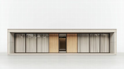 Fototapeta premium Minimalist Modern Home Exterior: A sleek and contemporary home with large windows and wooden accents. The minimalist design features clean lines, a neutral color palette, and a focus on natural light.