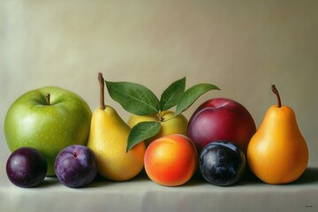 Apple pear plum peaches still life. AI generated