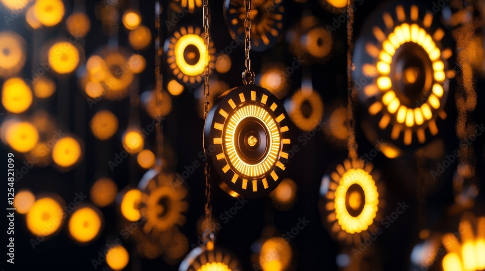 Poster captivating close-up of glowing circular pendant lights in warm illuminating patterns against a dark