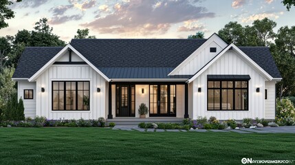 Obraz premium Modern Farmhouse Exterior: A stunning modern farmhouse design with a crisp white exterior, black window frames, and a welcoming front porch, nestled on a manicured lawn against a twilight sky. 