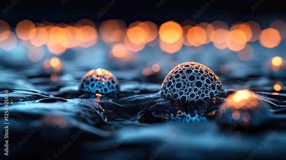Poster climate impact microscopic idea. abstract water bubbles with illuminated reflections create a mesmer