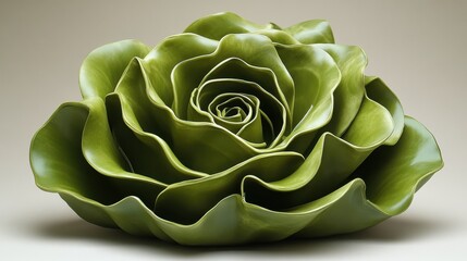 Sculptural green rose crafted from glossy materials, symbolizing elegance and nature's beauty in a tranquil setting