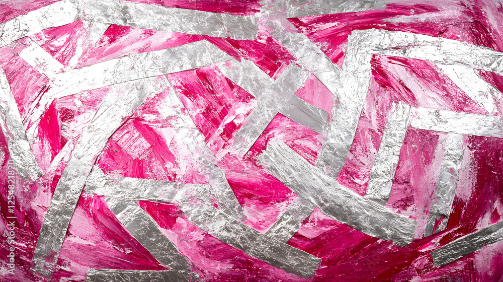 Poster Abstract painting in pink and silver tones with vibrant textures and patterns displayed on a canvas