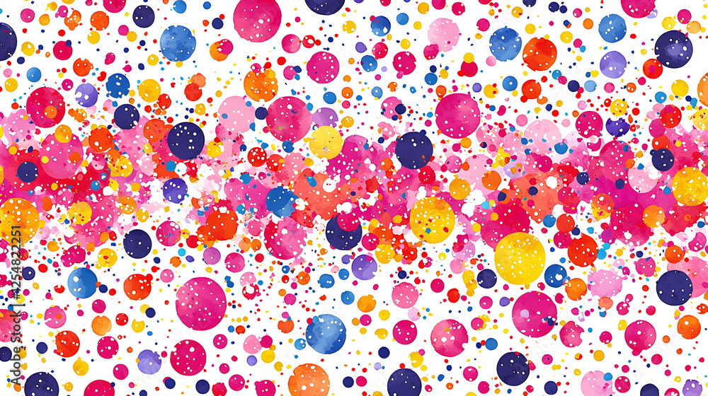 Poster colorful dots scattered across a white background creating a vibrant, playful abstract design with v