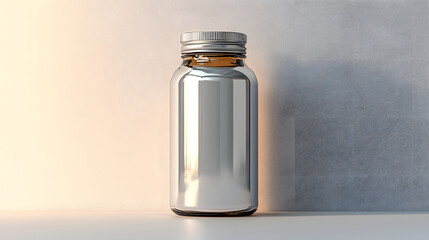 Sleek Silver Bottle Mockup: A studio shot of a sleek, reflective silver bottle with an amber glass base and silver cap.  Perfect for showcasing your product design. 