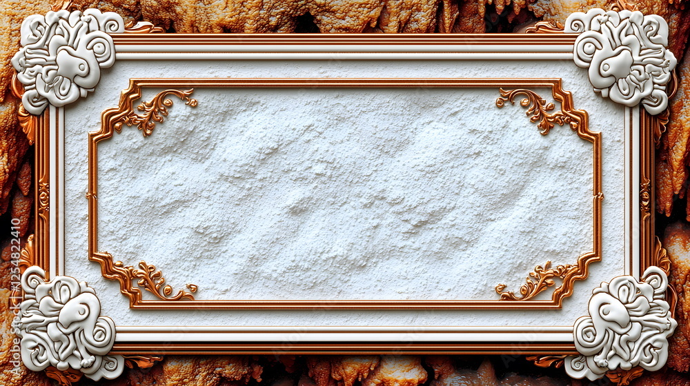 Poster elegant ornate picture frame with textured background and intricate details in gold and white color 