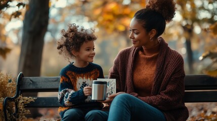 Autumn park bench mother daughter bonding AI generated