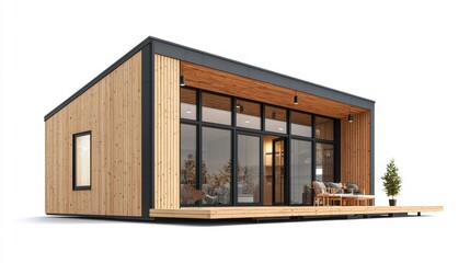 Modern Prefabricated Tiny House:  A sleek, contemporary design tiny house with wood and metal accents. Large windows offer abundant natural light, showcasing a cozy interior and inviting outdoor deck.