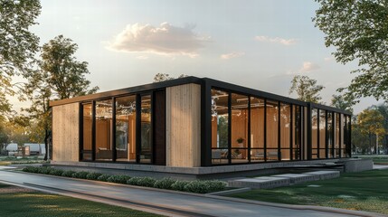 Obraz premium Modern Minimalist House Design: A sleek and contemporary architectural masterpiece, a minimalist house with a stunning glass facade and wood panels.