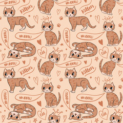 Obraz premium Cute cat, little kitten seamless pattern. Vector cartoon illustration. Favorite ginger character.