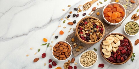 Fototapeta premium A flat lay of assorted dry fruits, nuts, and seeds is elegantly arranged on a marble background