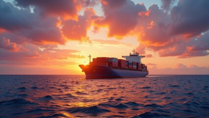 Fototapeta premium Gleaming under the sun, a colossal container ship navigates vast waters. Stacked in crimson rows, its numerous containers evoke power and precision amid endless blue