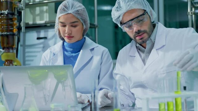 Science, cannabis and scientist with plant in laboratory for research, biology and study medicine. Healthcare, agriculture and men with weed or marijuana leaf for medical treatment, drugs or analysis