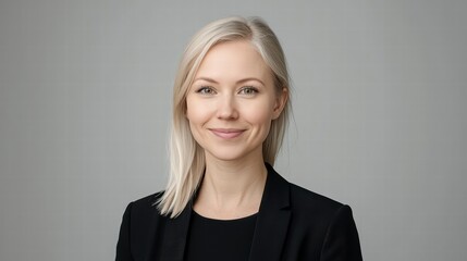 Naklejka premium Confident and Composed: A professional headshot of a young woman with a confident expression, her blonde hair cascading over her shoulders, showcasing a sophisticated and capable persona. 
