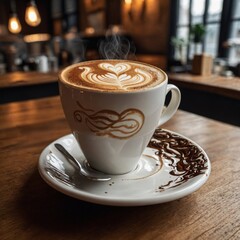 Artistic Coffee Creations &ndash; "Generate an image of a beautifully crafted cappuccino with intricate latte art in the shape of a swan, served in a cozy caf&eacute; with warm lighting and a rustic wooden table."