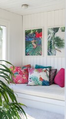A low-slung, nature-inspired sitting area with colorful cushions and a white frame.