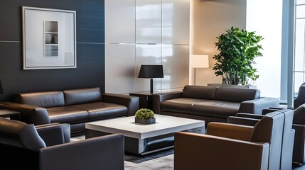 A luxurious corporate lounge with deep leather sofas, a minimalist coffee table, and a white frame.