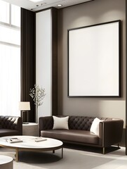 Fototapeta premium A luxurious corporate lounge with deep leather sofas, a minimalist coffee table, and a white frame.