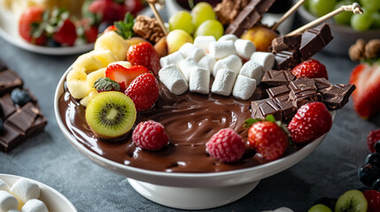 Delicious chocolate fondue served with fresh fruits and sweets for a joyful gathering