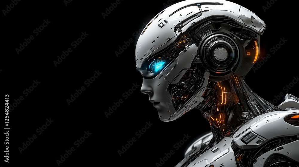 Poster close up profile view of a futuristic, white robot head with intricate mechanical details and glowin