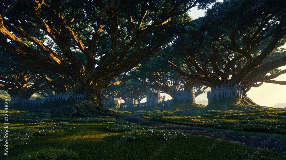 Poster enchanted forest with towering trees, sunlight filtering through foliage, serene path ahead