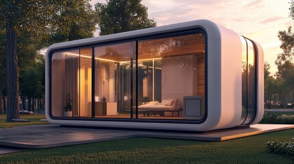 Modern Tiny House in Nature: A sleek, futuristic tiny house nestled amidst lush greenery, showcasing large windows offering a view of a cozy interior.