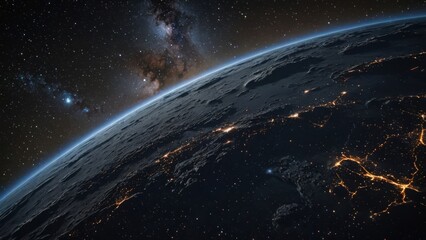 Fototapeta premium Earth's horizon from space with glowing city lights and stars in the background