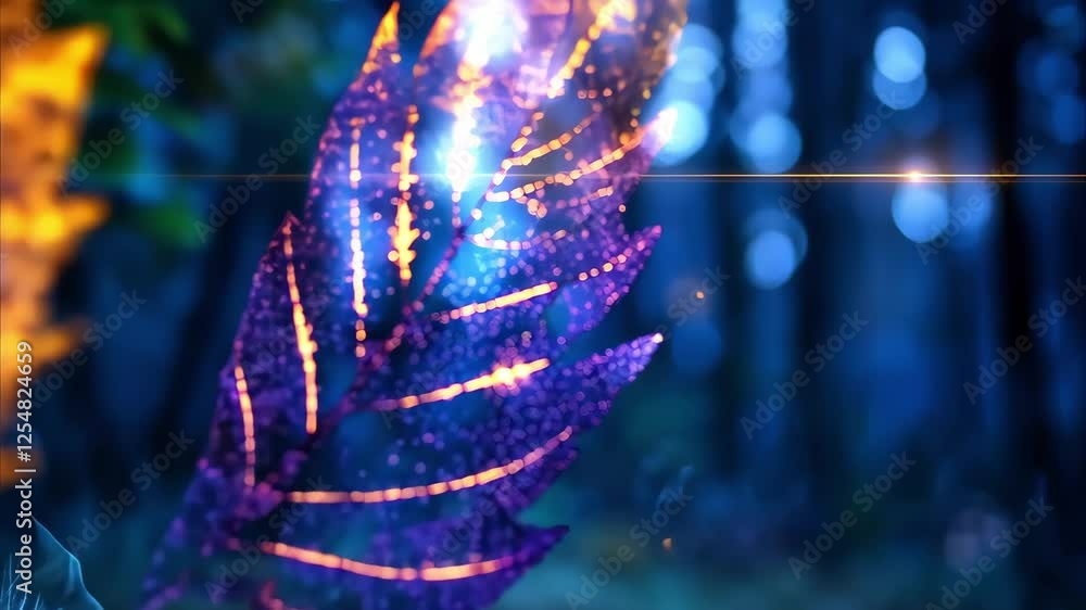 Aufkleber a digital representation of two leaves with glowing effects, set against a blurred forest background